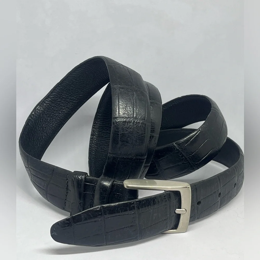 Stylish Black Croc-Embossed LEATHER Belt with Silver Buckle. DRESS BELT.